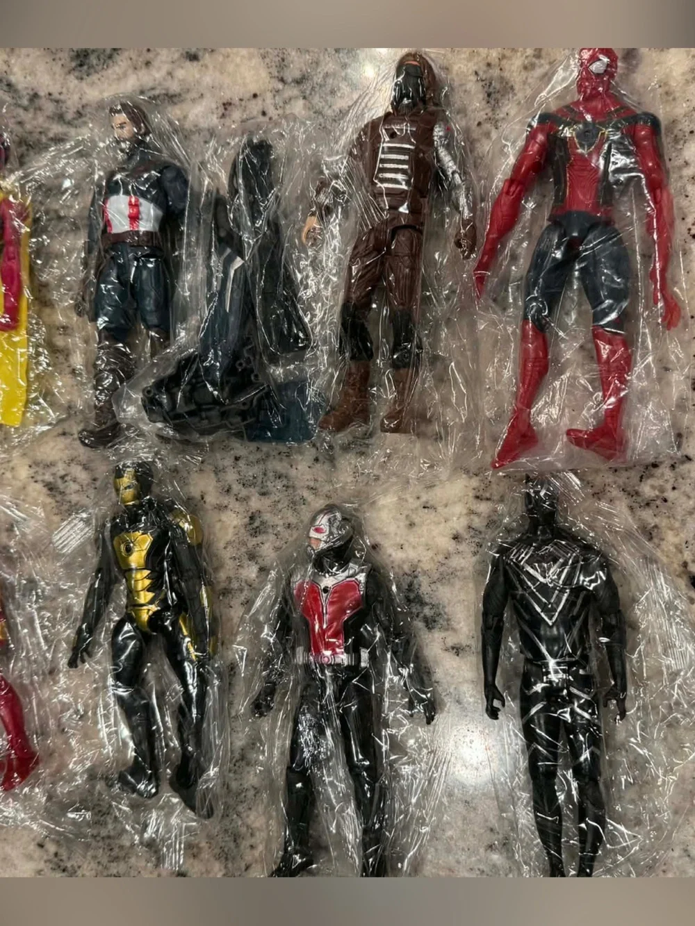 Set of 10 Action Figures marvel. 9 still in the sealed plastic. 6” tall